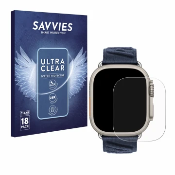 Parte frontal de un envase de producto con el logotipo de la marca Savvies. Al lado se muestra el dispositivo Apple Watch Herm