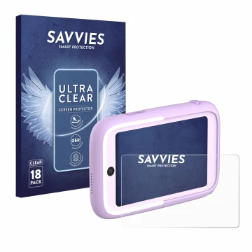 Parte frontal de un envase de producto con el logotipo de la marca Savvies. Al lado se muestra el dispositivo Myfirst Camera 5