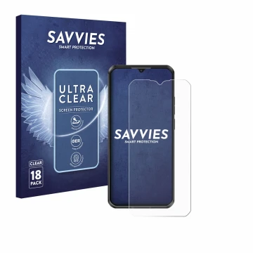 Parte frontal de un envase de producto con el logotipo de la marca Savvies. Al lado se muestra el dispositivo Oukitel WP50 con