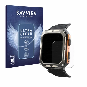 Parte frontal de un envase de producto con el logotipo de la marca Savvies. Al lado se muestra el dispositivo Findtime Smartwa