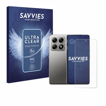 Parte frontal de un envase de producto con el logotipo de la marca Savvies. Al lado se muestra el dispositivo Xiaomi 14T Pro (