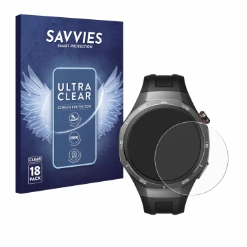 Parte frontal de un envase de producto con el logotipo de la marca Savvies. Al lado se muestra el dispositivo Huawei Watch GT 