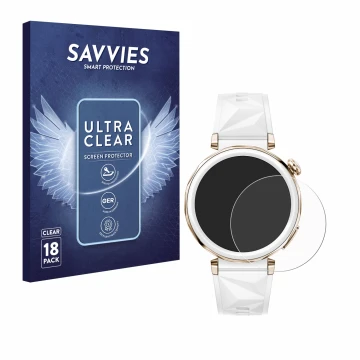 Parte frontal de un envase de producto con el logotipo de la marca Savvies. Al lado se muestra el dispositivo Huawei Watch GT 