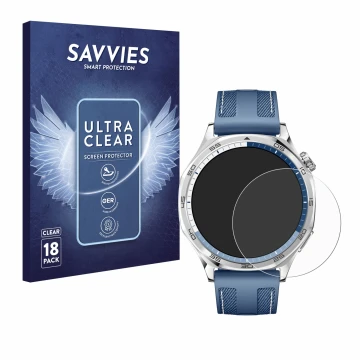 Parte frontal de un envase de producto con el logotipo de la marca Savvies. Al lado se muestra el dispositivo Huawei Watch GT 