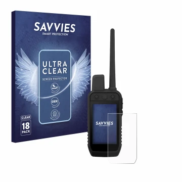 Parte frontal de un envase de producto con el logotipo de la marca Savvies. Al lado se muestra el dispositivo Garmin Alpha 300