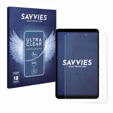 Parte frontal de un envase de producto con el logotipo de la marca Savvies. Al lado se muestra el dispositivo Alldocube iPlay 