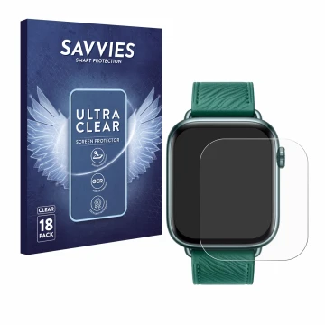 Parte frontal de un envase de producto con el logotipo de la marca Savvies. Al lado se muestra el dispositivo Honor Watch 5 co