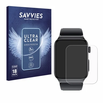 Parte frontal de un envase de producto con el logotipo de la marca Savvies. Al lado se muestra el dispositivo Douself Smartwat