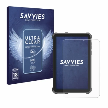 Parte frontal de un envase de producto con el logotipo de la marca Savvies. Al lado se muestra el dispositivo Oukitel RT3 Pro 