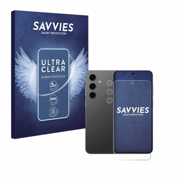 Parte frontal de un envase de producto con el logotipo de la marca Savvies. Al lado se muestra el dispositivo Samsung Galaxy S
