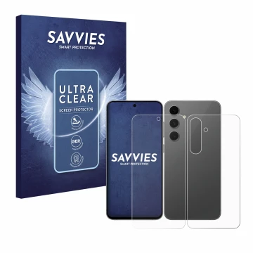 Parte frontal de un envase de producto con el logotipo de la marca Savvies. Al lado se muestra el dispositivo Samsung Galaxy S
