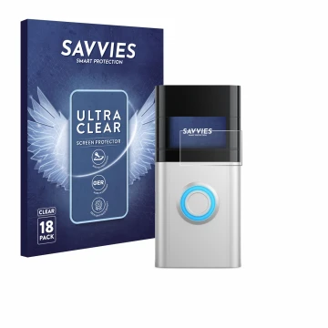 Parte frontal de un envase de producto con el logotipo de la marca Savvies. Al lado se muestra el dispositivo Ring Video Doorb