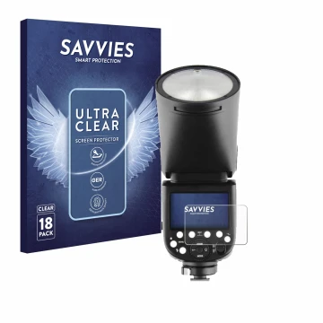 Parte frontal de un envase de producto con el logotipo de la marca Savvies. Al lado se muestra el dispositivo Godox TT685 II c