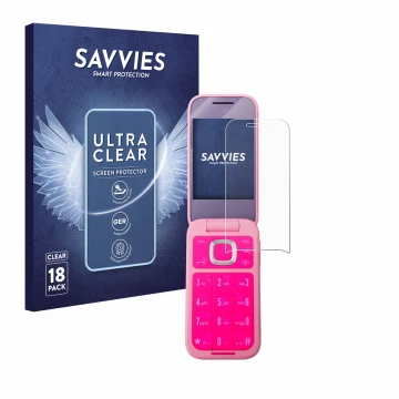 Parte frontal de un envase de producto con el logotipo de la marca Savvies. Al lado se muestra el dispositivo HMD Barbie Phone
