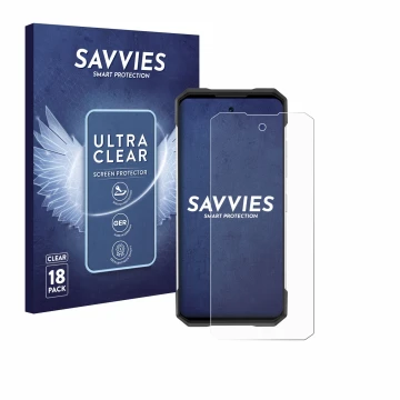 Parte frontal de un envase de producto con el logotipo de la marca Savvies. Al lado se muestra el dispositivo Doogee S200 con 