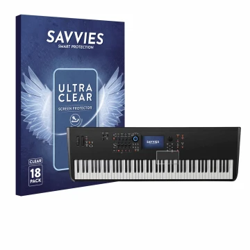 Parte frontal de un envase de producto con el logotipo de la marca Savvies. Al lado se muestra el dispositivo Yamaha MODX8+ co
