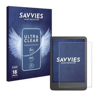 Parte frontal de un envase de producto con el logotipo de la marca Savvies. Al lado se muestra el dispositivo Amazon Kindle 20