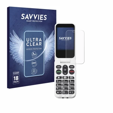 Parte frontal de un envase de producto con el logotipo de la marca Savvies. Al lado se muestra el dispositivo Doro Leva L30 co