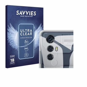 Parte frontal de un envase de producto con el logotipo de la marca Savvies. Al lado se muestra el dispositivo Cubot Max 5 (SÓL