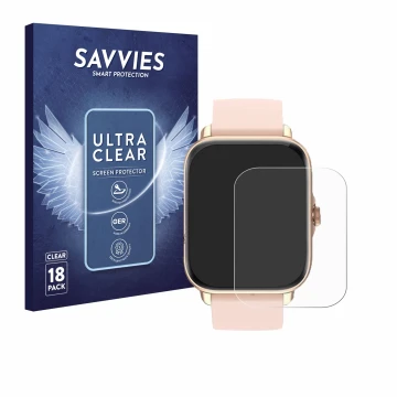Parte frontal de un envase de producto con el logotipo de la marca Savvies. Al lado se muestra el dispositivo Janolty Smartwat