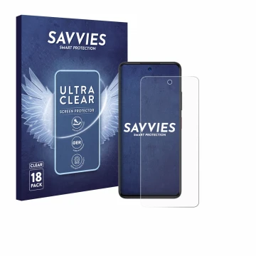 Parte frontal de un envase de producto con el logotipo de la marca Savvies. Al lado se muestra el dispositivo ZTE Blade A75 4G