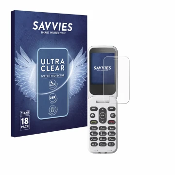 Parte frontal de un envase de producto con el logotipo de la marca Savvies. Al lado se muestra el dispositivo Doro 2820 con su