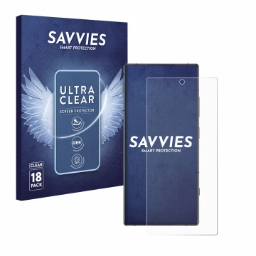Parte frontal de un envase de producto con el logotipo de la marca Savvies. Al lado se muestra el dispositivo Nubia Z70 Ultra 
