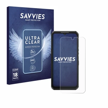 Parte frontal de un envase de producto con el logotipo de la marca Savvies. Al lado se muestra el dispositivo Oukitel WP39 con