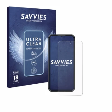 Parte frontal de un envase de producto con el logotipo de la marca Savvies. Al lado se muestra el dispositivo Oukitel WP52 con
