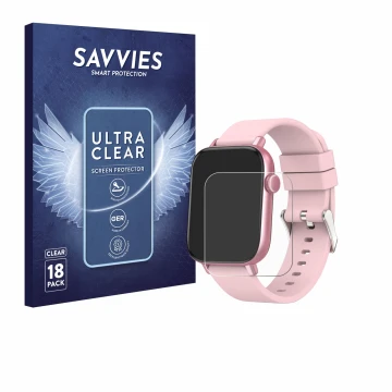 Parte frontal de un envase de producto con el logotipo de la marca Savvies. Al lado se muestra el dispositivo Ombar Smartwatch