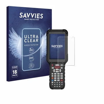 Parte frontal de un envase de producto con el logotipo de la marca Savvies. Al lado se muestra el dispositivo Honeywell CK67 c