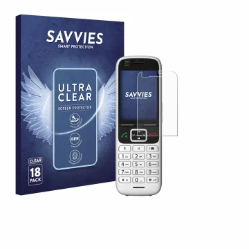 Parte frontal de un envase de producto con el logotipo de la marca Savvies. Al lado se muestra el dispositivo Unify OpenScape 