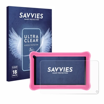 Parte frontal de un envase de producto con el logotipo de la marca Savvies. Al lado se muestra el dispositivo Sumtab K708 7.1