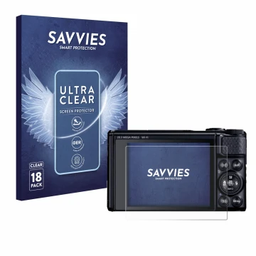 Parte frontal de un envase de producto con el logotipo de la marca Savvies. Al lado se muestra el dispositivo Canon PowerShot 