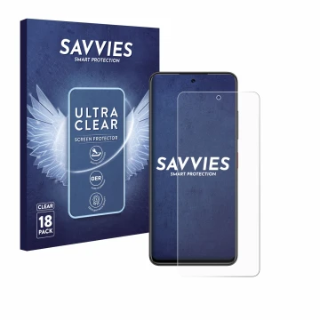Parte frontal de un envase de producto con el logotipo de la marca Savvies. Al lado se muestra el dispositivo Nubia Focus 5G c