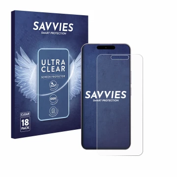 Parte frontal de un envase de producto con el logotipo de la marca Savvies. Al lado se muestra el dispositivo Oukitel P1 con s
