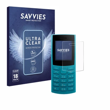 Parte frontal de un envase de producto con el logotipo de la marca Savvies. Al lado se muestra el dispositivo Nokia 105 4G 2nd