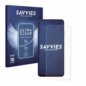 Parte frontal de un envase de producto con el logotipo de la marca Savvies. Al lado se muestra el dispositivo realme 14x con s