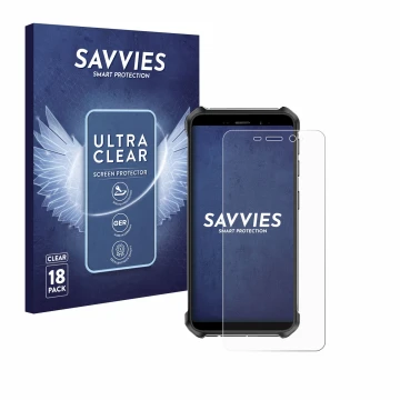Parte frontal de un envase de producto con el logotipo de la marca Savvies. Al lado se muestra el dispositivo Ulefone Armor X1