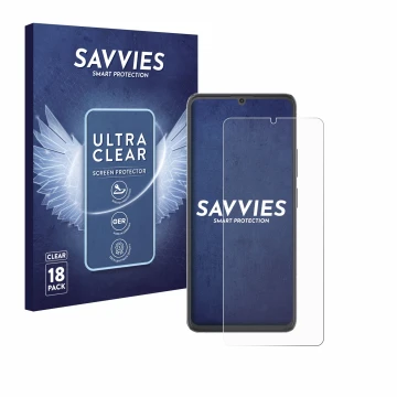 Parte frontal de un envase de producto con el logotipo de la marca Savvies. Al lado se muestra el dispositivo Cubot A20 con su