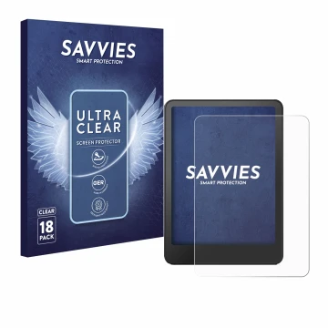 Parte frontal de un envase de producto con el logotipo de la marca Savvies. Al lado se muestra el dispositivo Amazon Kindle Pa