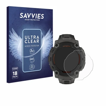 Parte frontal de un envase de producto con el logotipo de la marca Savvies. Al lado se muestra el dispositivo Garmin Instinct 