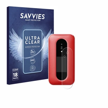 Parte frontal de un envase de producto con el logotipo de la marca Savvies. Al lado se muestra el dispositivo Doro Leva L30 (P
