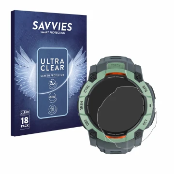 Parte frontal de un envase de producto con el logotipo de la marca Savvies. Al lado se muestra el dispositivo Garmin Instinct 