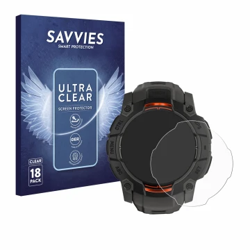 Parte frontal de un envase de producto con el logotipo de la marca Savvies. Al lado se muestra el dispositivo Garmin Instinct 