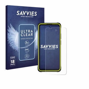Parte frontal de un envase de producto con el logotipo de la marca Savvies. Al lado se muestra el dispositivo Ulefone Armor X3
