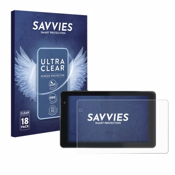 Parte frontal de un envase de producto con el logotipo de la marca Savvies. Al lado se muestra el dispositivo Lisciani Mio Tab