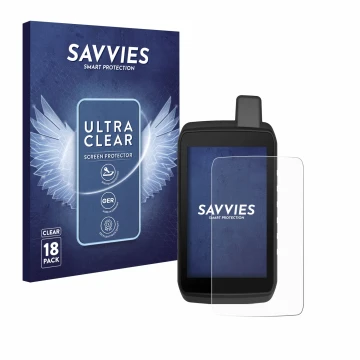 Parte frontal de un envase de producto con el logotipo de la marca Savvies. Al lado se muestra el dispositivo Garmin Montana 7