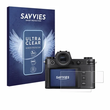 Parte frontal de un envase de producto con el logotipo de la marca Savvies. Al lado se muestra el dispositivo Leica SL3-S (Pan