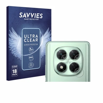 Parte frontal de un envase de producto con el logotipo de la marca Savvies. Al lado se muestra el dispositivo Xiaomi Poco X7 (